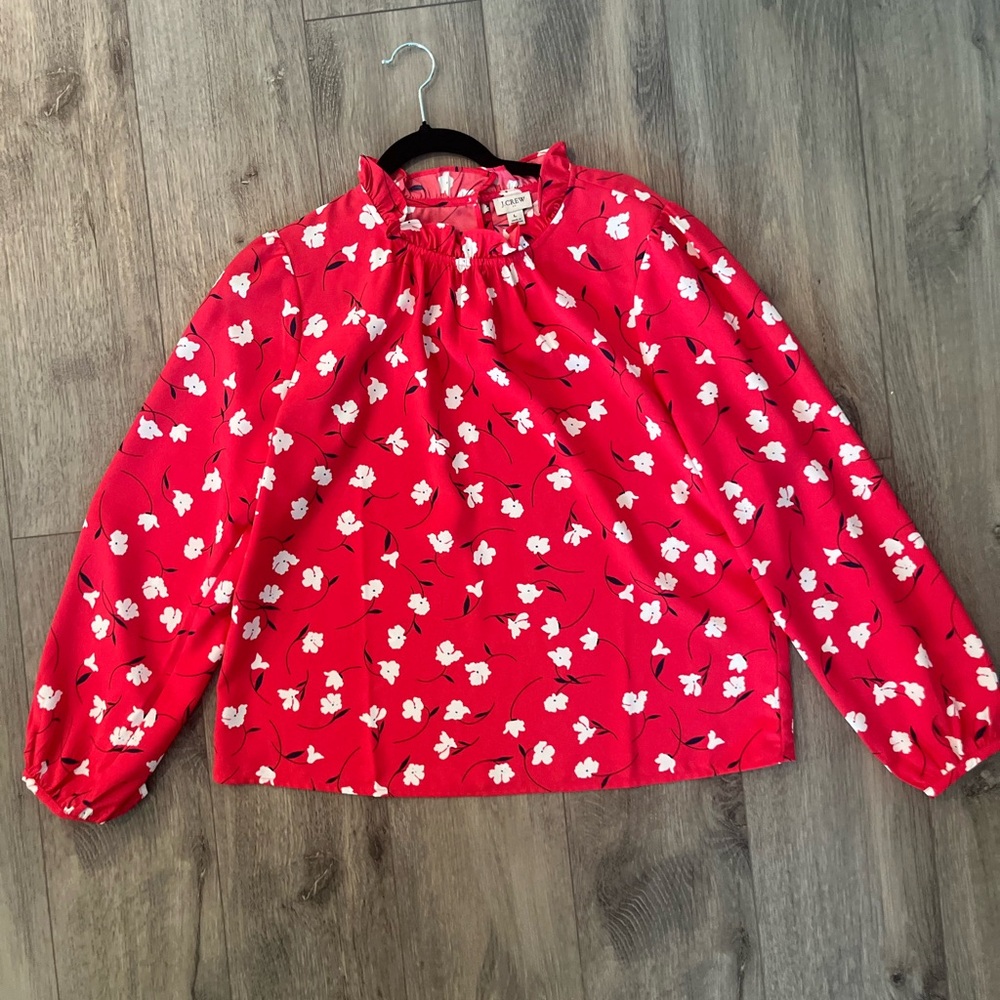 J. Crew Vibrant Red Top with White Floral Design